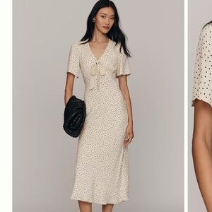 Reformation Tyra Short-Sleeve V-Neck Midi Dress, ivory dot